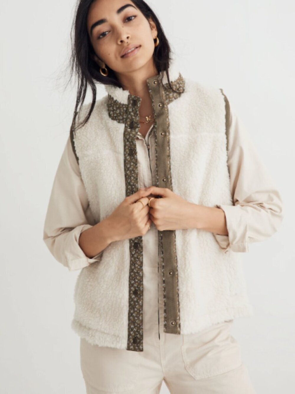 Madewell Sherpa Vest In Antique Cream Floral Trim • Size Large NWT